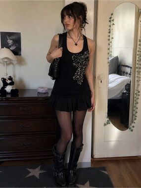 Pretty Good Black Polka Dot Rosette Tank Top Racerback Tie Back Made USA Size L